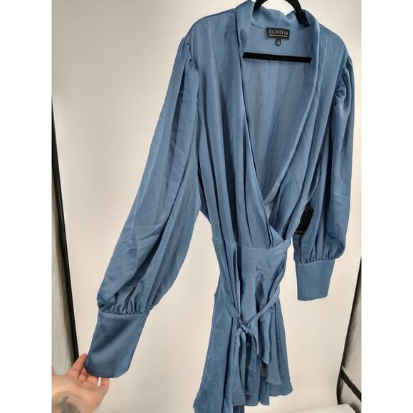 Eloquii Dress Plus 24 Mini Satin Wrap Puff Sleeve Ruffle Tie Waist Blue NWT - Picture 9 of 10